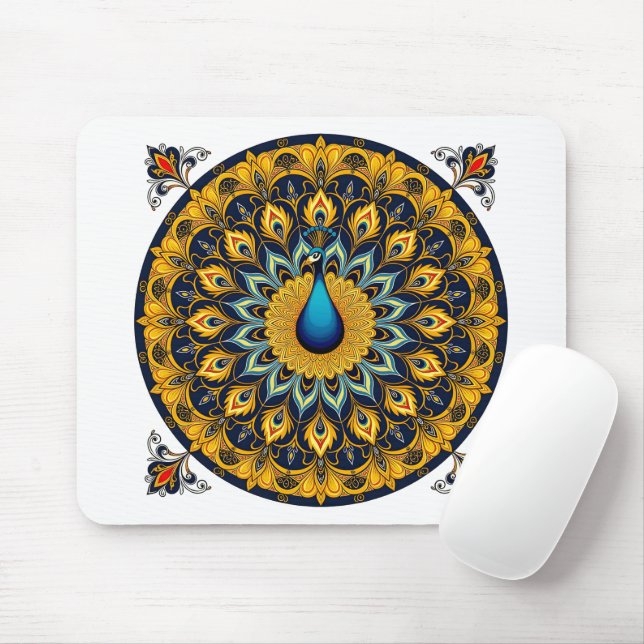 Mousepad Pavão decorativo sobre fundo branco (Com mouse)