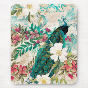 Mousepad Pavão e Flores Ilustrados Antigos Grunge