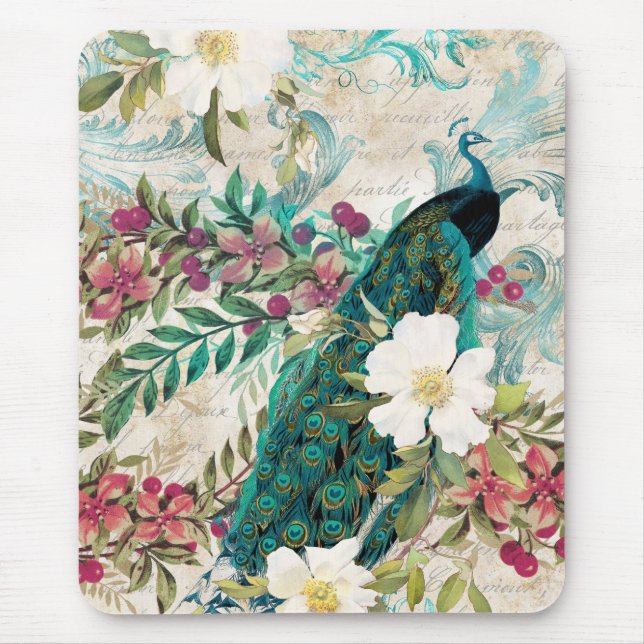 Mousepad Pavão e Flores Ilustrados Antigos Grunge (Frente)