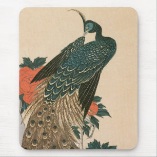 Mousepad Pavão e peônias por Hiroshige, arte japonesa