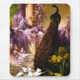 Mousepad Pavão e pombos em jardim