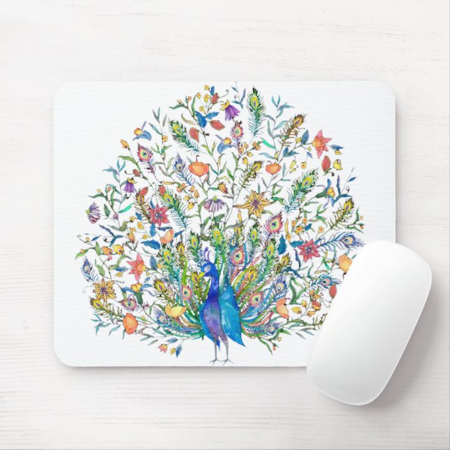 Mousepad Pavão floral de aquarela (Com mouse)