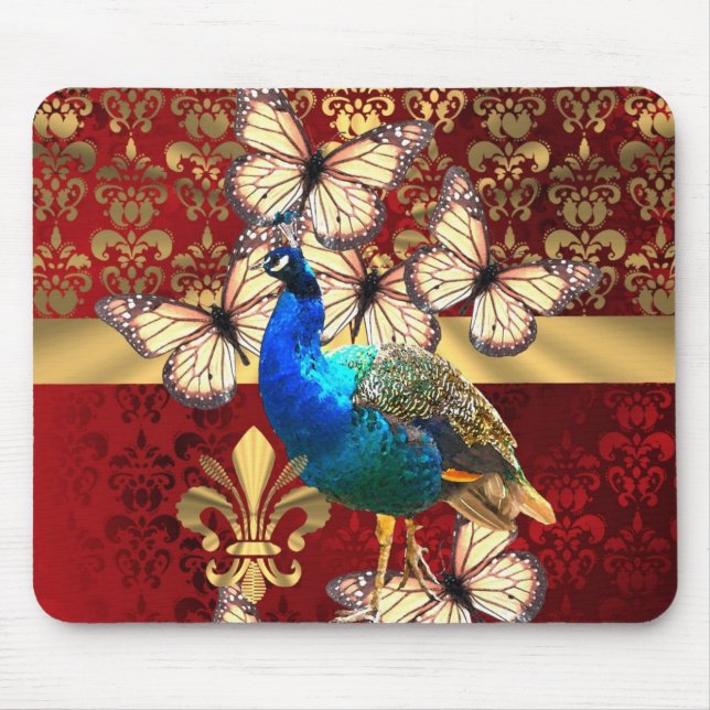 Mousepad Pavão velho legado e damasco vermelho (Frente)