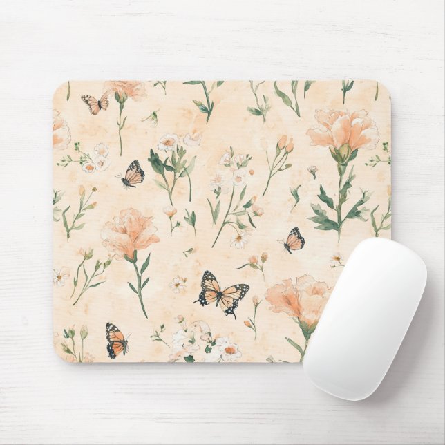 Mousepad Peach Butterflies Floral (Com mouse)