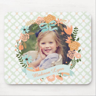 Mousepad Peach Mint Girly Floral Wreath Foto Personalizada