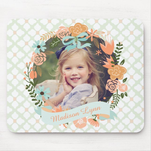 Mousepad Peach Mint Girly Floral Wreath Foto Personalizada (Frente)