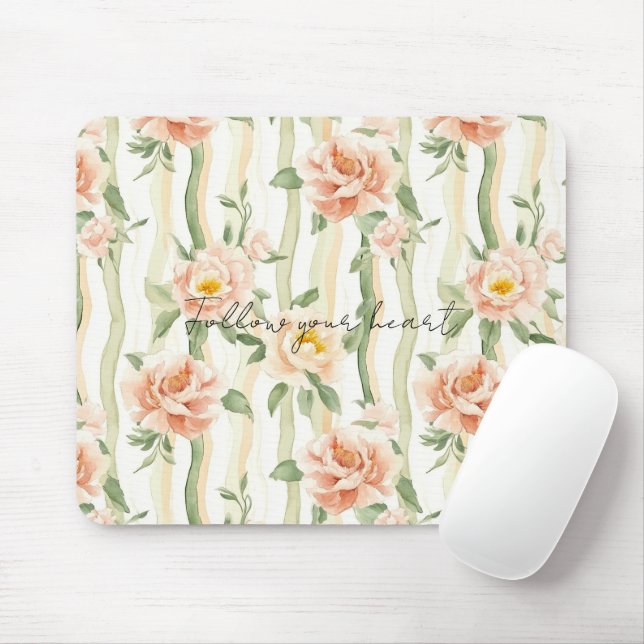 Mousepad Peach Mint Pretty Roses Floral Stripes (Com mouse)