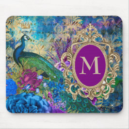 Mousepad Peacock Elegant Vintage Purple Teal Gold Monogram