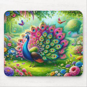 Mousepad Peacock vibrante em pintura de jardim fantasia
