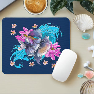Mousepad Peixe Lutador Betta Siameses Ondas de Lótus Azul