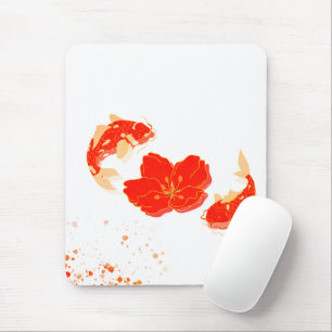 Mousepad Peixes Koi Elegantes e Arte de Flor Vermelha Est