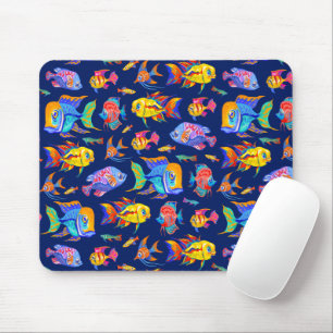 Mousepad Peixes tropicais divertidos em azul escuro