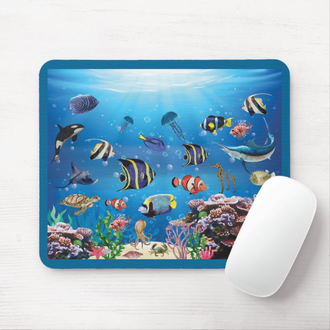 Mousepad Peixes Tropicais nadando no fundo do mar (Com mouse)