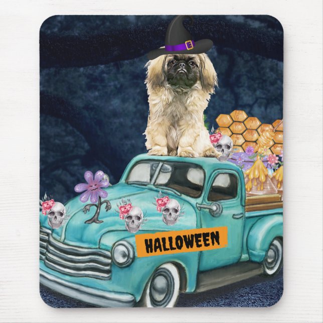 Mousepad Pekingese Dog Halloween Truck Noite Assustadora (Frente)