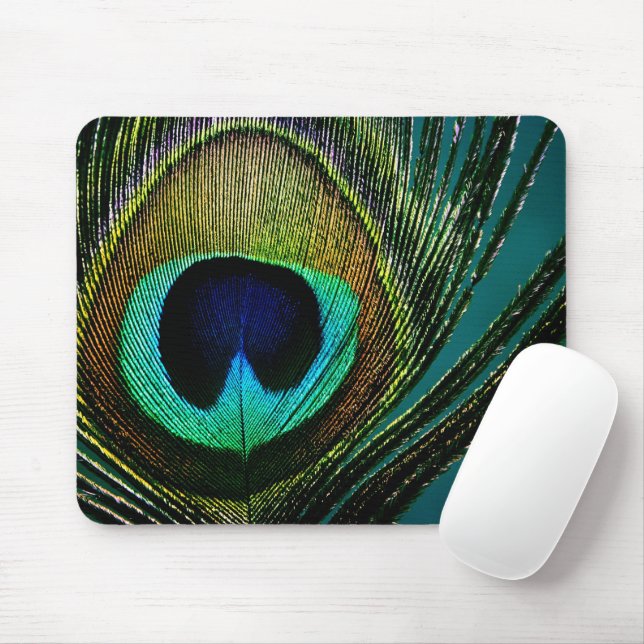 Mousepad Pena Colorida e Exótica de Pavão Fotografia Modern (Com mouse)