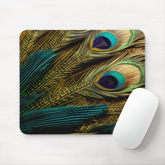 Mousepad Penas de Pavão Dourado Azul Elegante-Abstrato Azul (Com mouse)