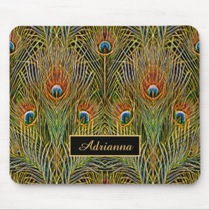 Mousepad Penas de Peacock Douradas Elegante com Nome