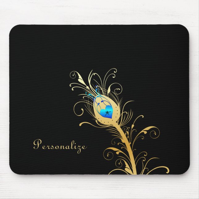 Mousepad Penas Douradas de Pavão e Preto de Luxo (Frente)