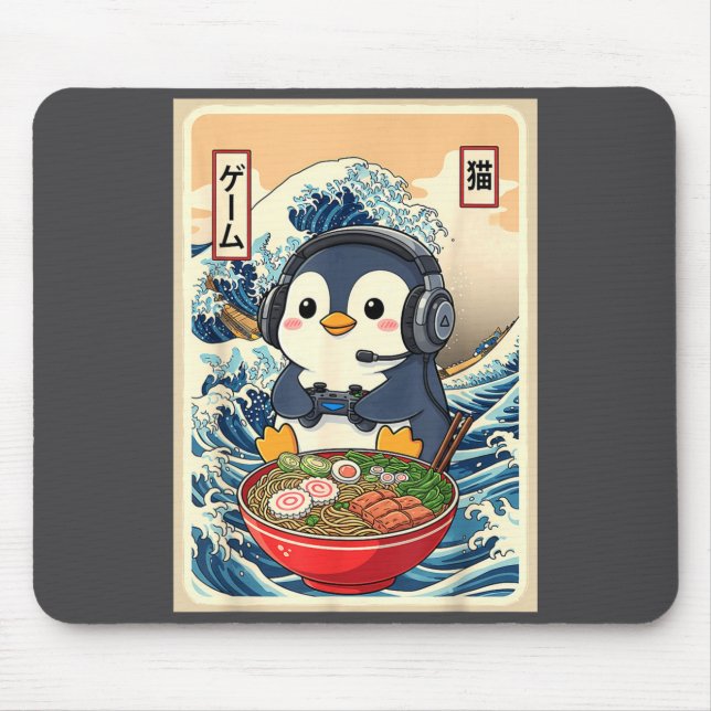 Mousepad Penguin Kawaii Japanese Ramen Noodle Retro Gaming  (Frente)
