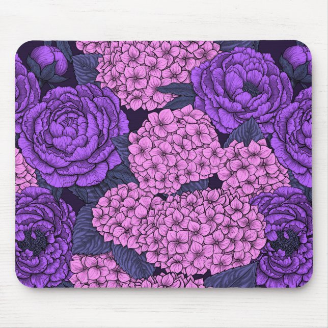 Mousepad Penia e hidrangea em rosa e violeta (Frente)