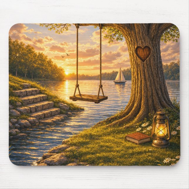 Mousepad Penteado Romântico de Árvore à Beira do Lago (Frente)