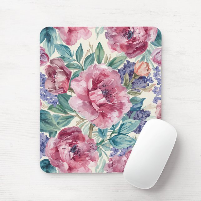 Mousepad Peônia Botânica Aquarela Flora Lavanda (Com mouse)