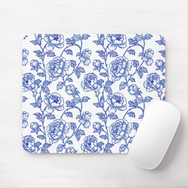 Mousepad Peônia Rosa de Chinoiserie Azul e Branco (Com mouse)