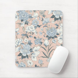 Mousepad Peônias Azuis Floral Botânico Vintage Pêssego