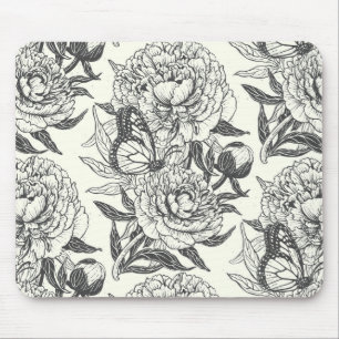 Mousepad Peônias e borboletas bloqueiam impressão, preto e