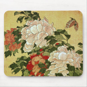 Mousepad Peônias e borboletas Hokusai Belas Artes Japonesa