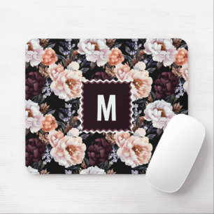 Mousepad Pêonias Escuras Padrão Floral Monograma