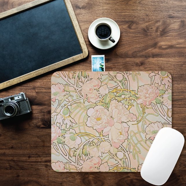 Mousepad Pêonias Padrão Floral Alphonse Mucha (Criador carregado)