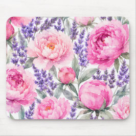 Mousepad Peônias Rosa & Água de Lavanda Padrão Floral Aquar