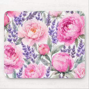 Mousepad Peônias Rosa & Água de Lavanda Padrão Floral Aquar