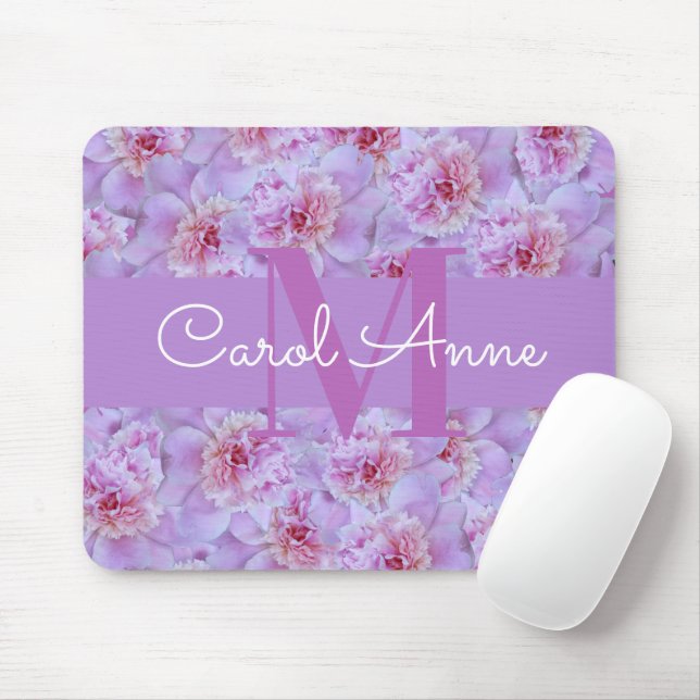 Mousepad Pêonias Rosa Mouse Roxo Monograma (Com mouse)