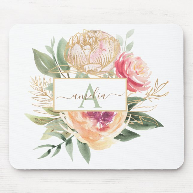 Mousepad Peony e Flores Douradas Nome do Monograma (Frente)