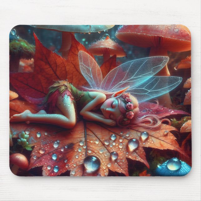 Mousepad Pequena Fada Caprichosa Dormindo em uma Folha (Frente)