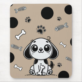 Mousepad Pequeno cão ossos de peixe marrons e pretos escrit