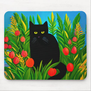 Mousepad Pequeno Gato Negro em um Jardim de Tulipas