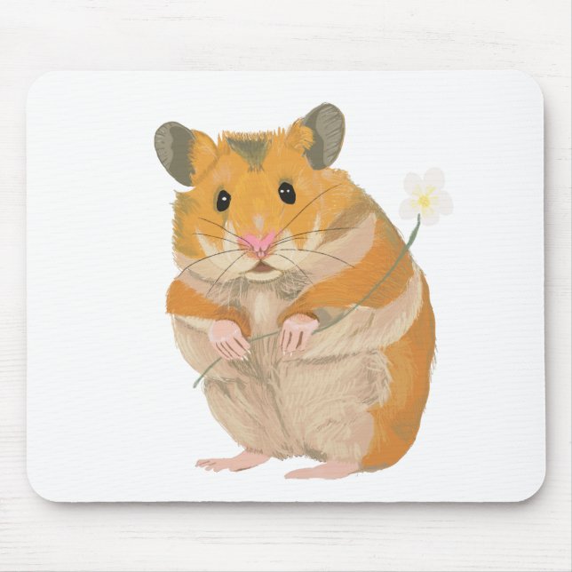 Mousepad Pequeno Hamster bonito segurando uma flor (Frente)