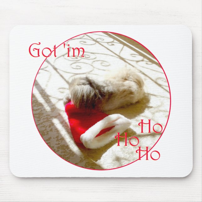 Mousepad Pequeno pequinês agarra Papai Noel (Frente)