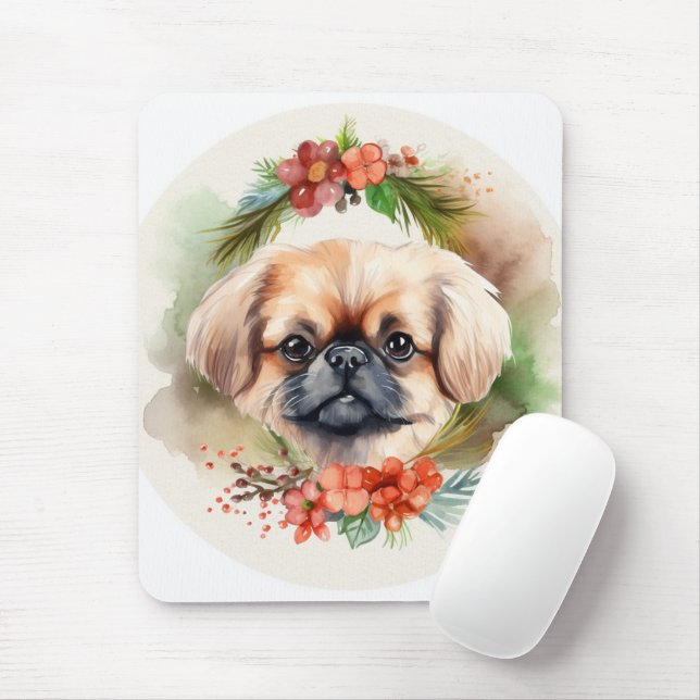 Mousepad Pequinês Grinalda de Natal Cachorrinho Festivo (Com mouse)