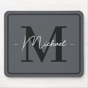 Mousepad Personalizado Elegante Cinza Carvão Inicial Nome E