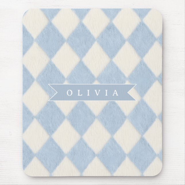 Mousepad Personalizado Preppy Azul Macio Difuso Argyle Nome (Frente)