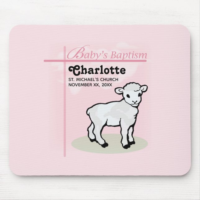 Mousepad Personalizável, Batismo, Rosa, Menina, Cordeiro (Frente)