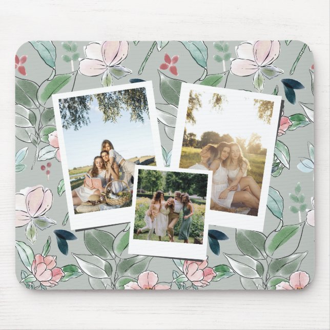 Mousepad Personalized 3 Photo Green Floral Background  (Frente)
