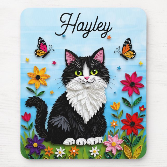 Mousepad Personalized Cat, Flowers and Butterflies   (Frente)