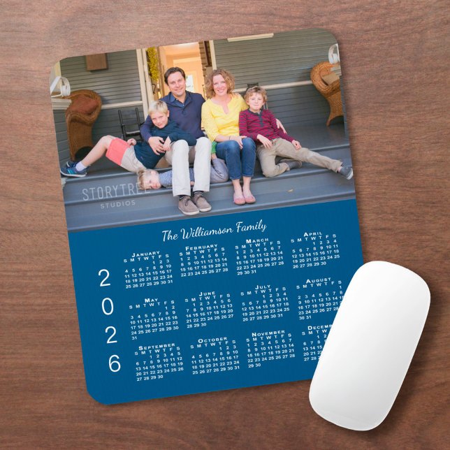 Mousepad Personalized Photo Name Blue 2026 Calendar (Personalized Photo Name Blue 2026 Calendar Mouse Pad, in situ)