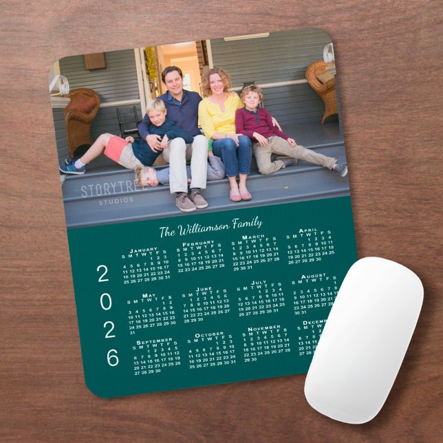 Mousepad Personalized Photo Name Blue-Green 2026 Calendar (Personalized Photo Name Blue-Green 2026 Calendar Mouse Pad, in situ)