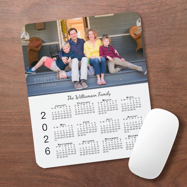 Mousepad Personalized Photo Name White 2026 Calendar (Personalized Photo Name White 2026 Calendar Mouse Pad in situ)
